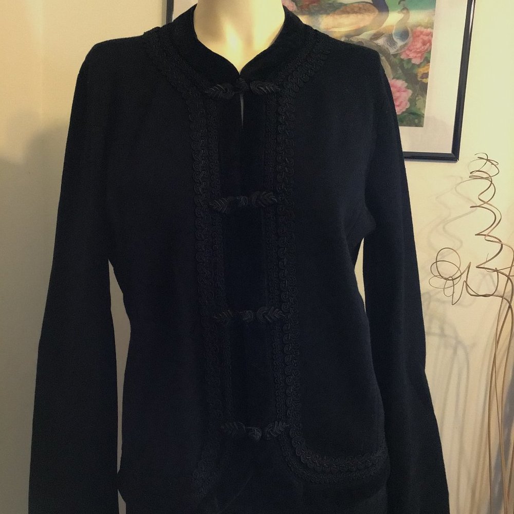 JONES N.Y WOMEN BLACK EMBROIDERED CARDIGAN SWEATER